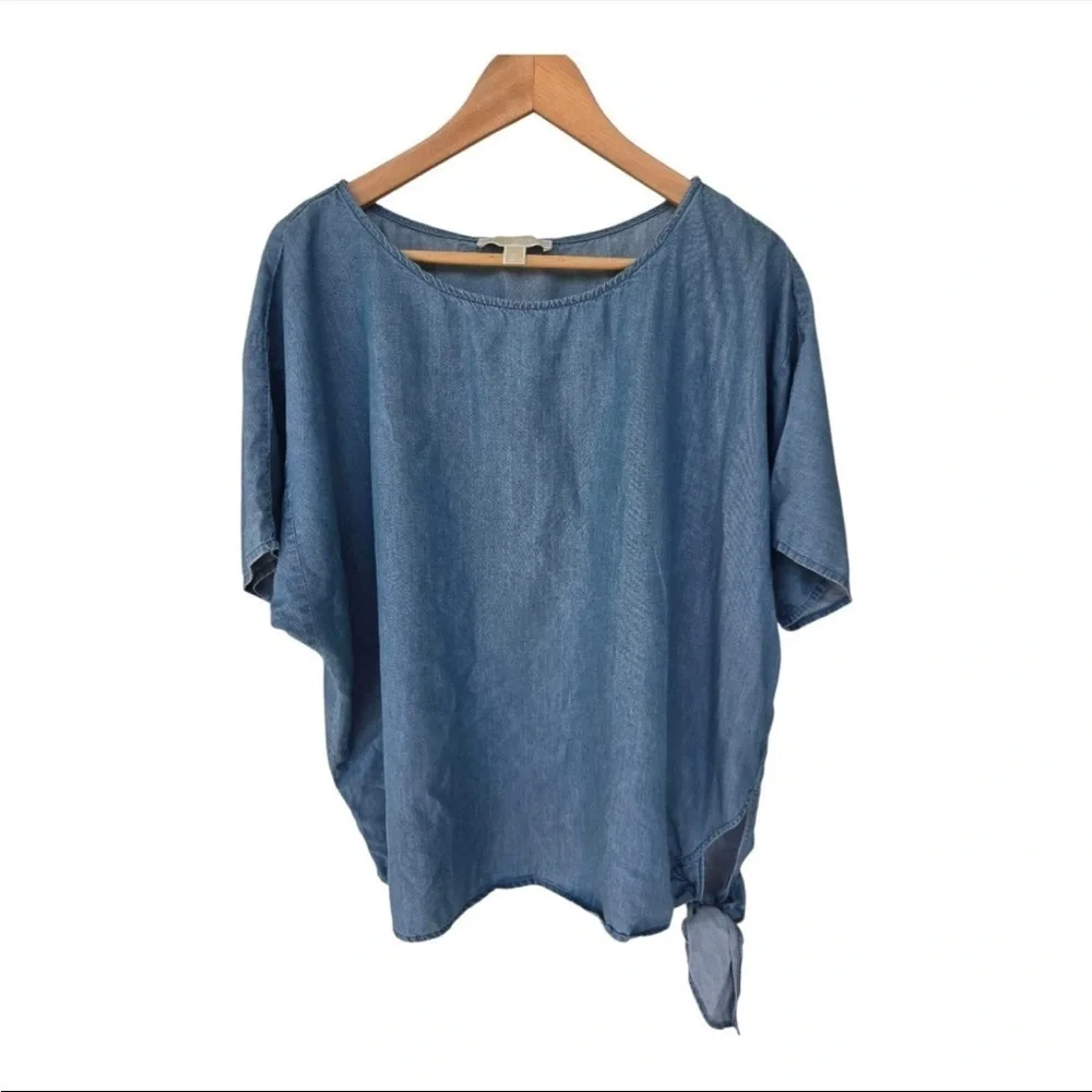 Michael Kors Chambray Side Tie Blouse Sz XL Women Blue Lightweight Classic